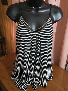 White House Black Market Black & White Striped Chain-Trim Tank Top